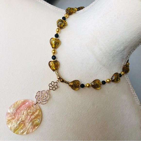 Handcrafted repurpose sparkle medallion drop pendant Czech glass Pearl necklace